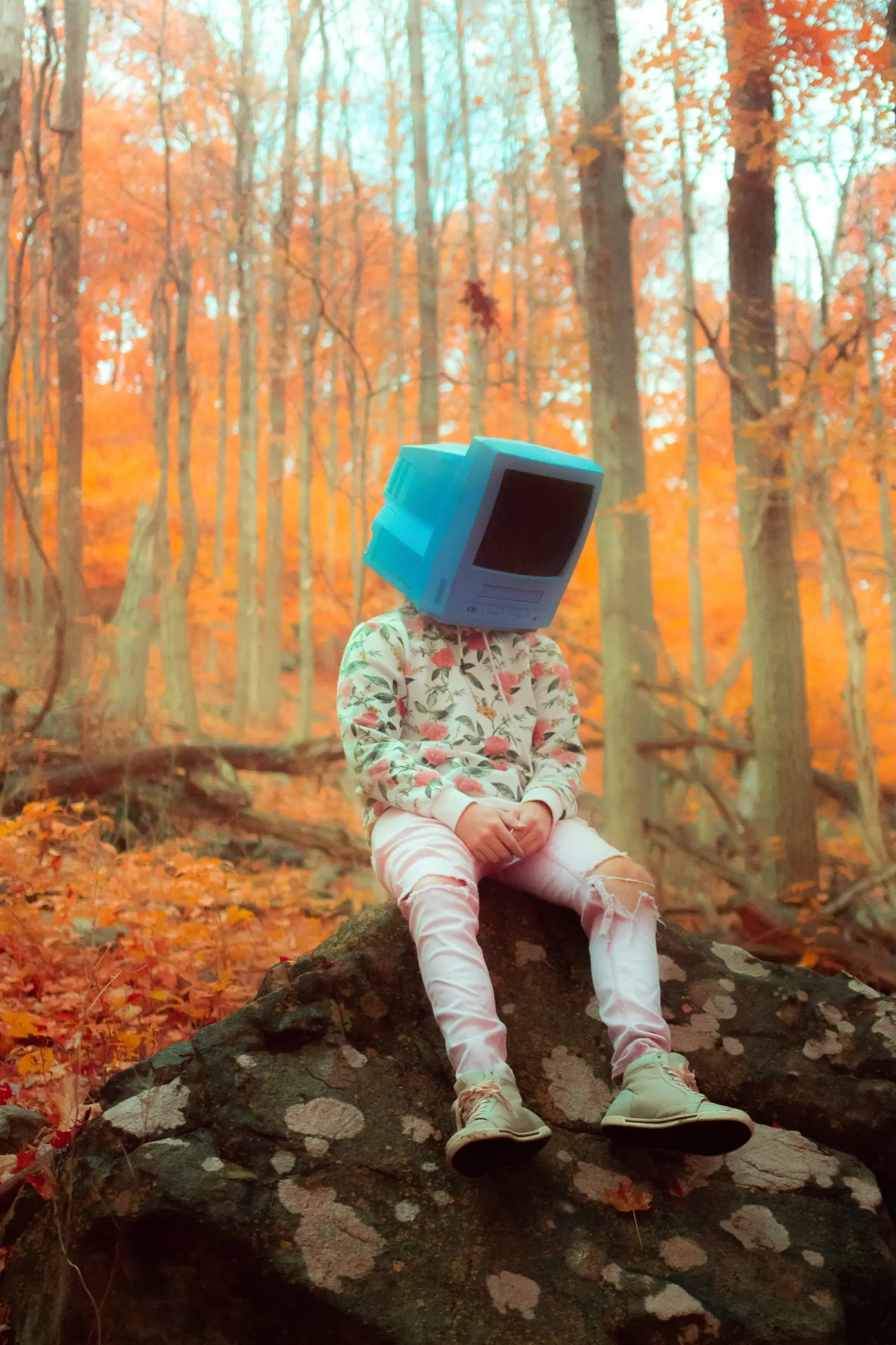 A character with a retro TV for a head, sitting on a rock in an autumn forest